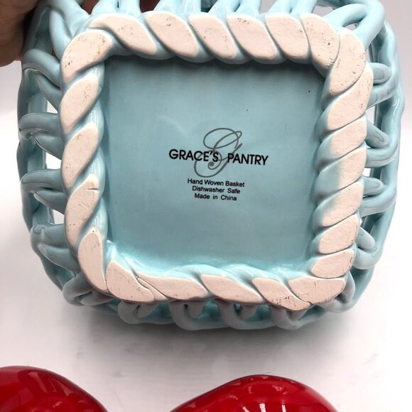 Grace's Pantry Light Blue Hand Woven Ceramic Basket With 4 Faux Apples - Picture 4 of 15